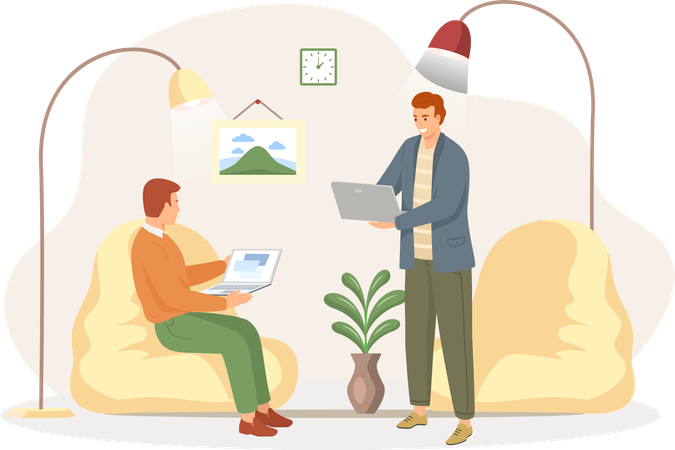 Two business man sitting in office working and talking  Illustration