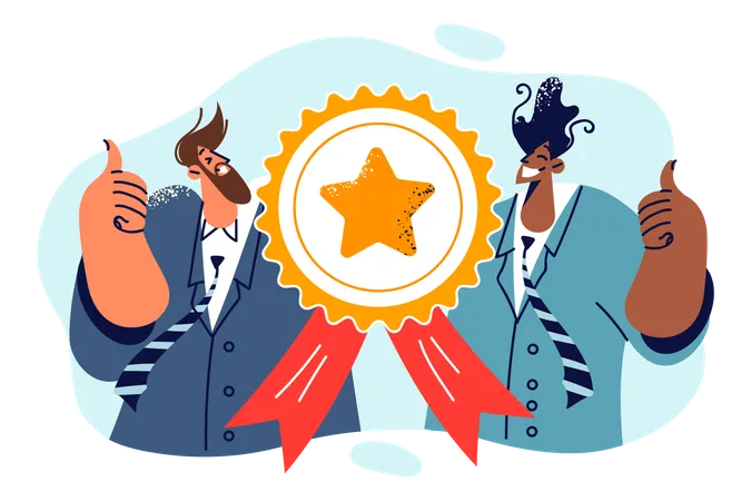Two Business Men Partners Near Medal For First Place In Professional Competitions Showing Thumbs Up Partners In Formal Wear Who Win Competition Rejoice At Achieving Success In Careers Illustration