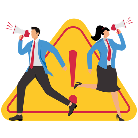 Two business people holding megaphones near warning sign  Illustration