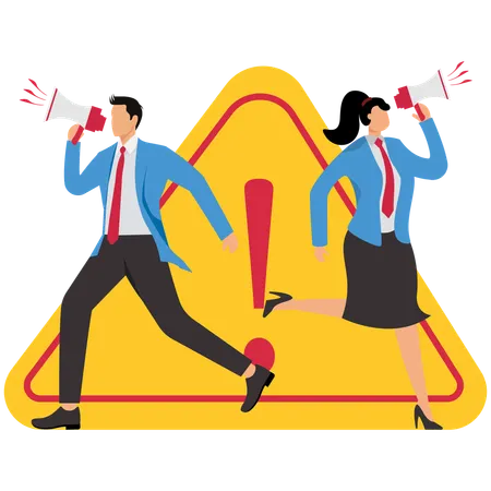Two business people holding megaphones near warning sign  Illustration