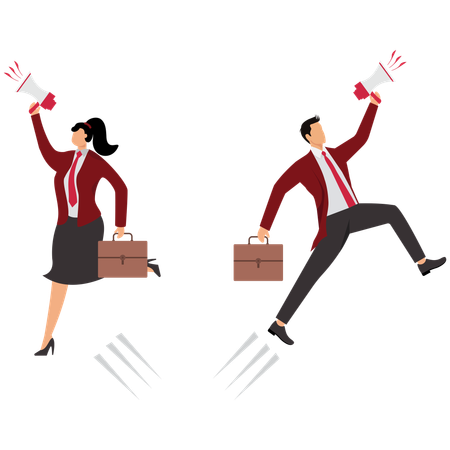 Two business people jump and hold megaphones and briefcase  Illustration