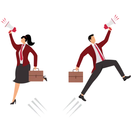 Two business people jump and hold megaphones and briefcase  Illustration