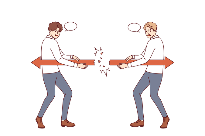 Two business people pulling arrows in different directions causes conflict  Illustration