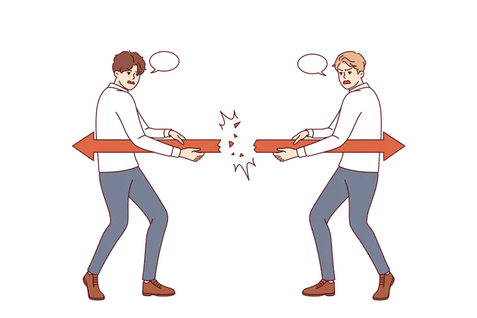 Two business people pulling arrows in different directions causes conflict  Illustration