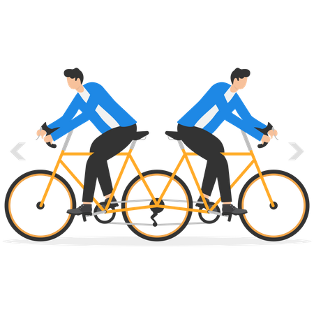 Two Business people riding the same bike in opposite direction  Illustration