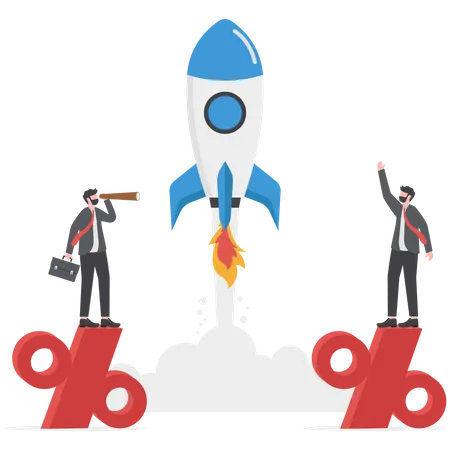 Startup Rocket Concept Starting A New Business Project Increased Profits Two Business People Standing On A Percentage Sign Illustration
