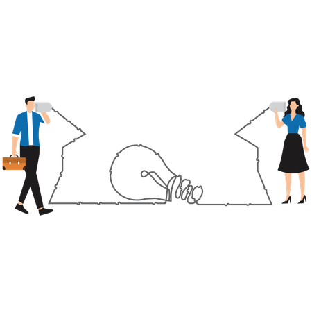 Two business people talk using tin can phone with light bulb line symbol  Illustration