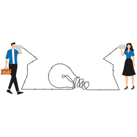 Two business people talk using tin can phone with light bulb line symbol  Illustration