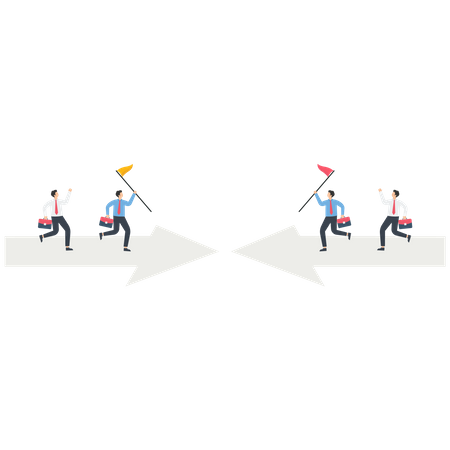 Two business teams run on an arrow  イラスト
