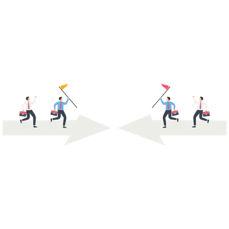 Two business teams run on an arrow  イラスト