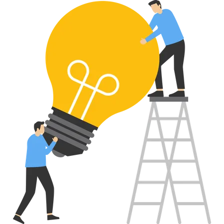 Two Business People Climbing Ladder Towards Light Bulb Generate Unique Business Ideas And Approaches Illustration