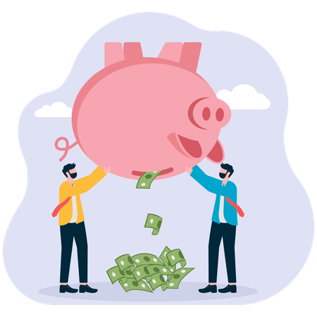 Two businessman holding piggy bank while getting money from piggy bank  Illustration