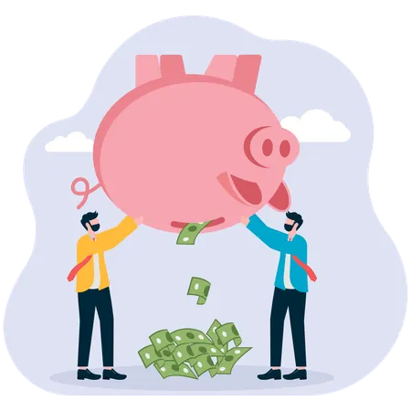 Two businessman holding piggy bank while getting money from piggy bank  Illustration