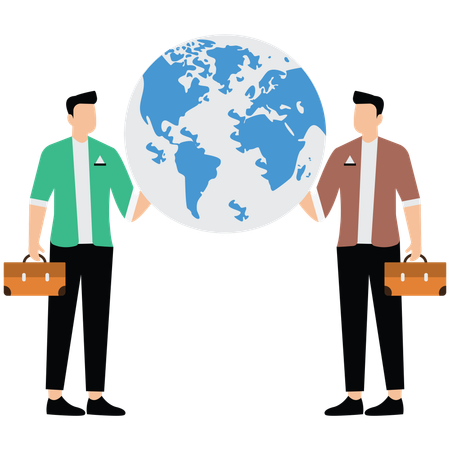 Two businessman holding taking care of green world globe sphere with love  Illustration