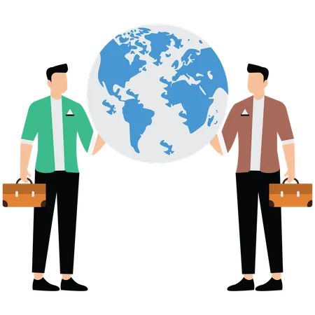 Two businessman holding taking care of green world globe sphere with love  Illustration