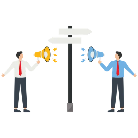 Look For The Right Direction Disagreements Or Arguments In Favor Of Business Direction Dilemma Or Team Conflict Opposite Solution Disagreement Concept Two Businessmen Show Opposite Directions Vector Illustration