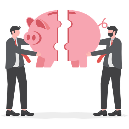 Two businessman solve the piggy bank puzzle  Illustration