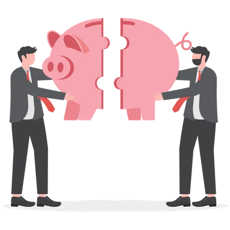 Two businessman solve the piggy bank puzzle  Illustration