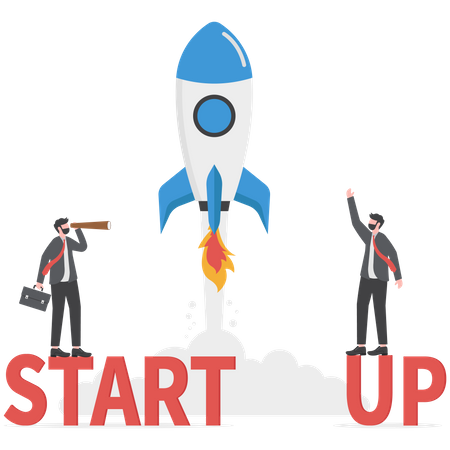 Two businessman stand on the word startup  Illustration
