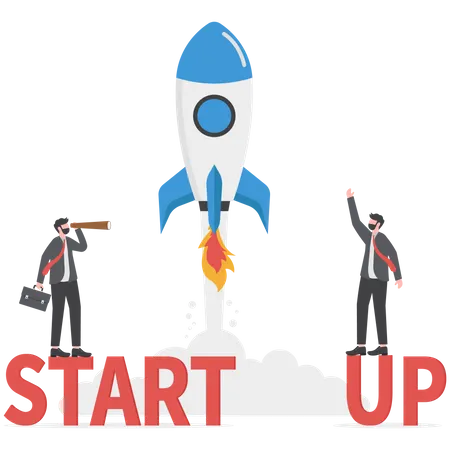 Two businessman stand on the word startup  Illustration