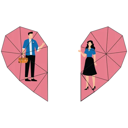 Two businessmen and women locked in heart-shaped cage longing for each other  Illustration