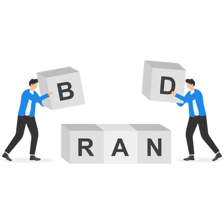 Two Businessmen Professionals Carry Huge Building Block To Form Word BRAND Creative Vector Illustration For Branding And Brand Building For Business Concept Illustration