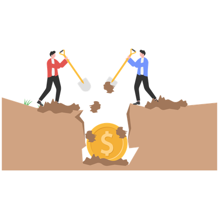 Two businessmen buried pile of gold coins in soil  Illustration