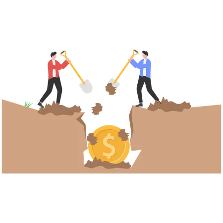 Two businessmen buried pile of gold coins in soil  Illustration