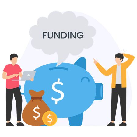 Two businessmen discussing funding next to piggy bank and money bag  Illustration