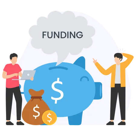 Two businessmen discussing funding next to piggy bank and money bag  Illustration