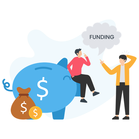 Two businessmen discussing funding next to piggy bank and money bag  Illustration