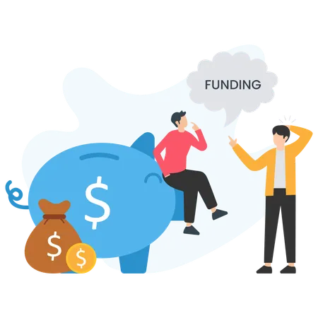 Two businessmen discussing funding next to piggy bank and money bag  Illustration