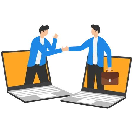 Online Business Deals With Laptop Concepts Two Businessmen Doing Virtual Handshakes Symbol Flat Vector Template Illustration Illustration