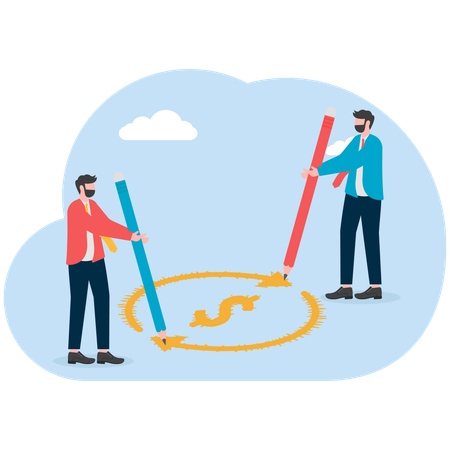 Two businessmen drawing circular arrows next to dollar  Illustration