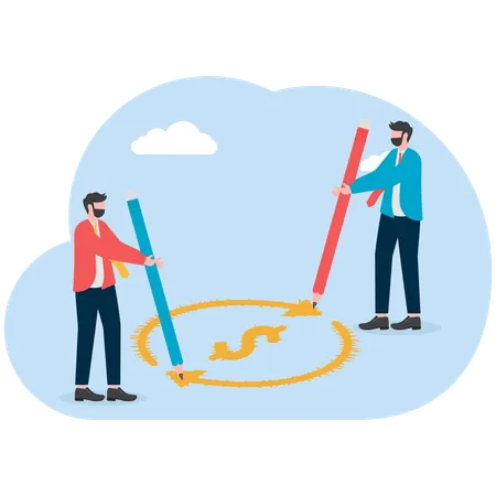 Two businessmen drawing circular arrows next to dollar  Illustration