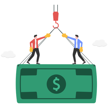 Two Businessmen fighting on Dollar-note while hanging on crane hook  Illustration