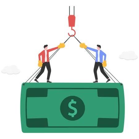 Two Businessmen fighting on Dollar-note while hanging on crane hook  Illustration