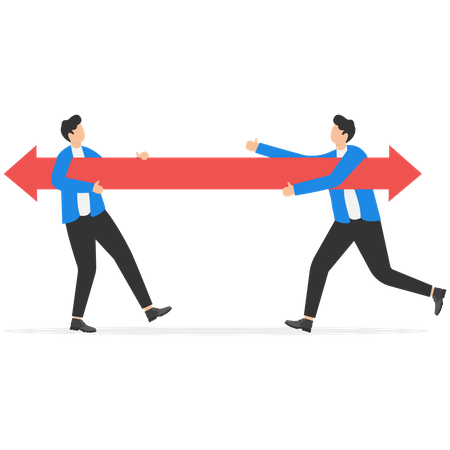 Two businessmen holding an arrow running in opposite positions  Illustration