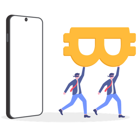Two businessmen holding bitcoin while running from mobile  Illustration