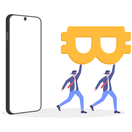 Two businessmen holding bitcoin while running from mobile  Illustration