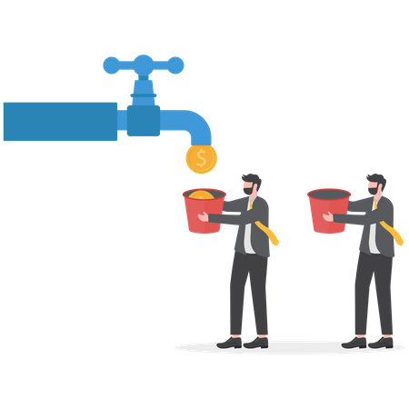 Two businessmen holding buckets wait for gold coins flowing out of tap  Illustration