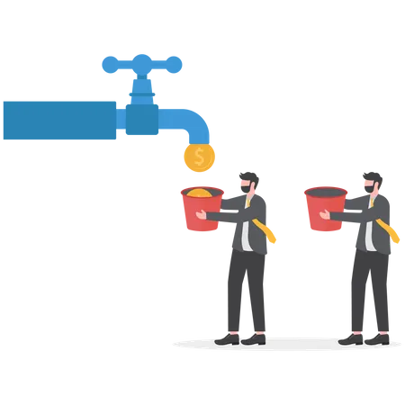 Two businessmen holding buckets wait for gold coins flowing out of tap  Illustration