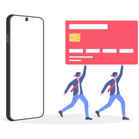 Two businessmen holding credit card while running from mobile  Illustration