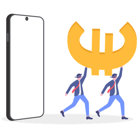 携帯電話から逃げながらユーロを持っている2人のビジネスマン  イラスト