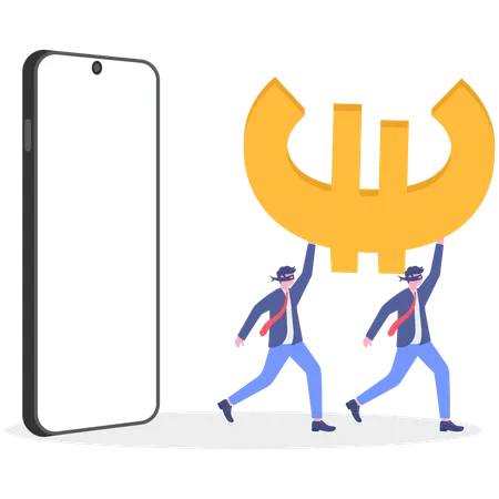 携帯電話から逃げながらユーロを持っている2人のビジネスマン  イラスト