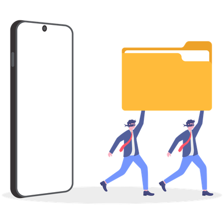 Two businessmen holding file folder while running from mobile  Illustration