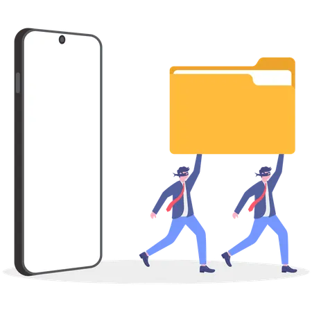 Two businessmen holding file folder while running from mobile  Illustration