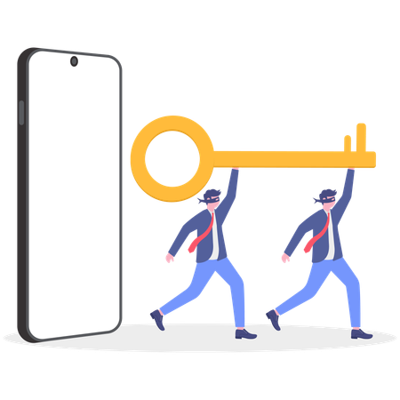 Two businessmen holding key while running from mobile  Illustration