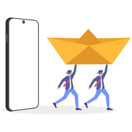 Two businessmen holding paper boat while running from mobile  Illustration
