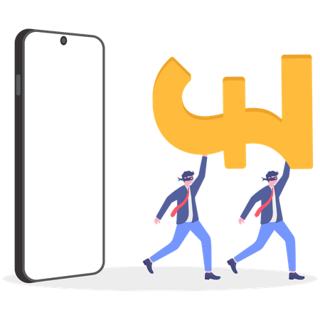 Two businessmen holding pound while running from mobile  Illustration